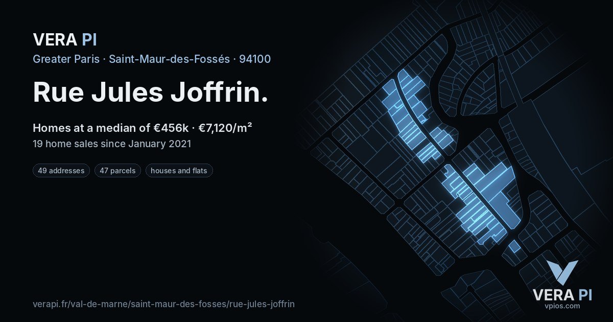Rue Jules Joffrin, Saint-Maur-des-Fossés at night – every parcel coloured by the prices around it, the street's own parcels lit
