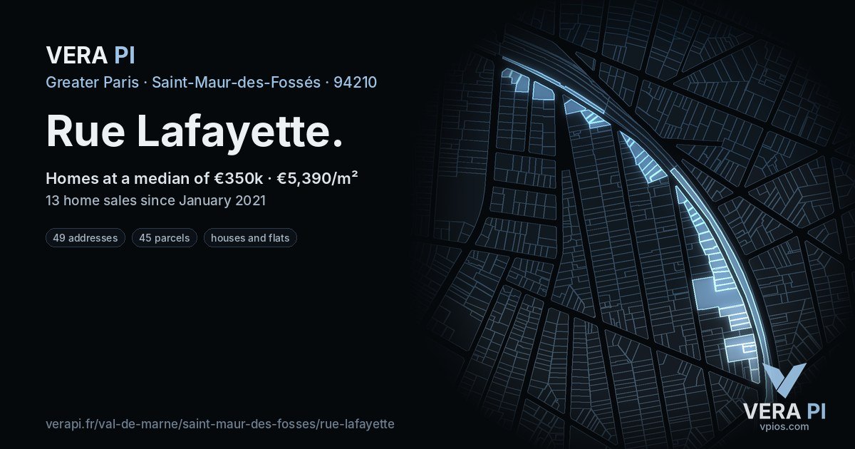 Rue Lafayette, Saint-Maur-des-Fossés at night – every parcel coloured by the prices around it, the street's own parcels lit