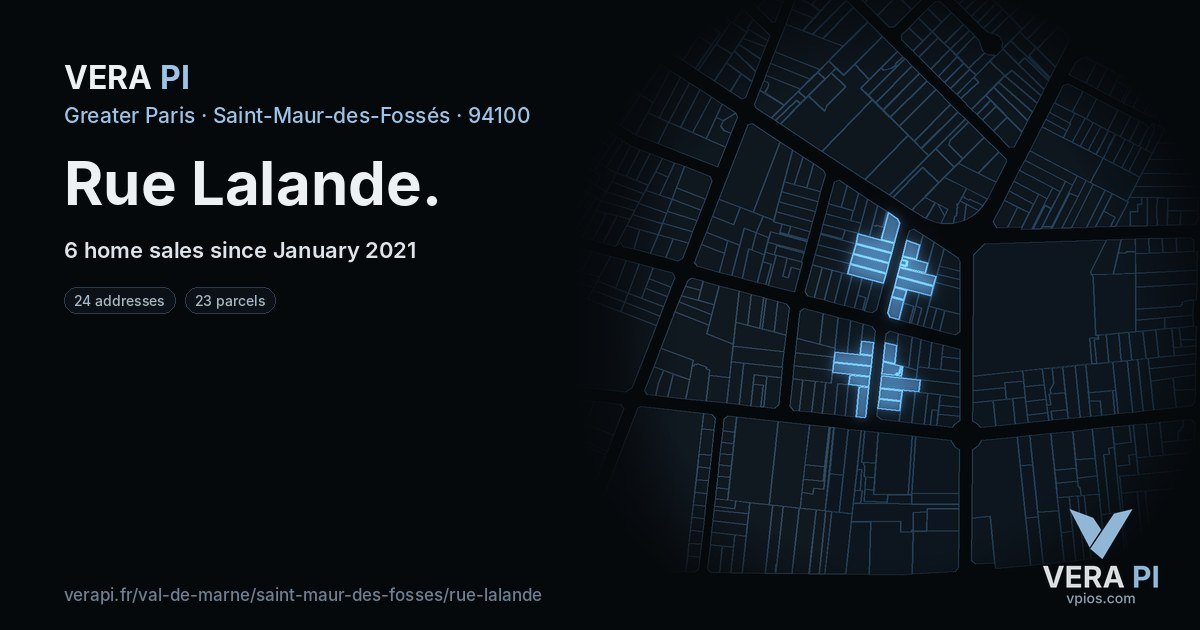 Rue Lalande, Saint-Maur-des-Fossés at night – every parcel coloured by the prices around it, the street's own parcels lit