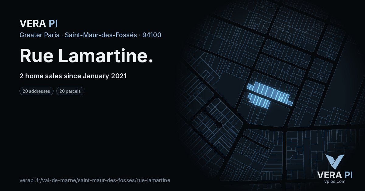 Rue Lamartine, Saint-Maur-des-Fossés at night – every parcel coloured by the prices around it, the street's own parcels lit