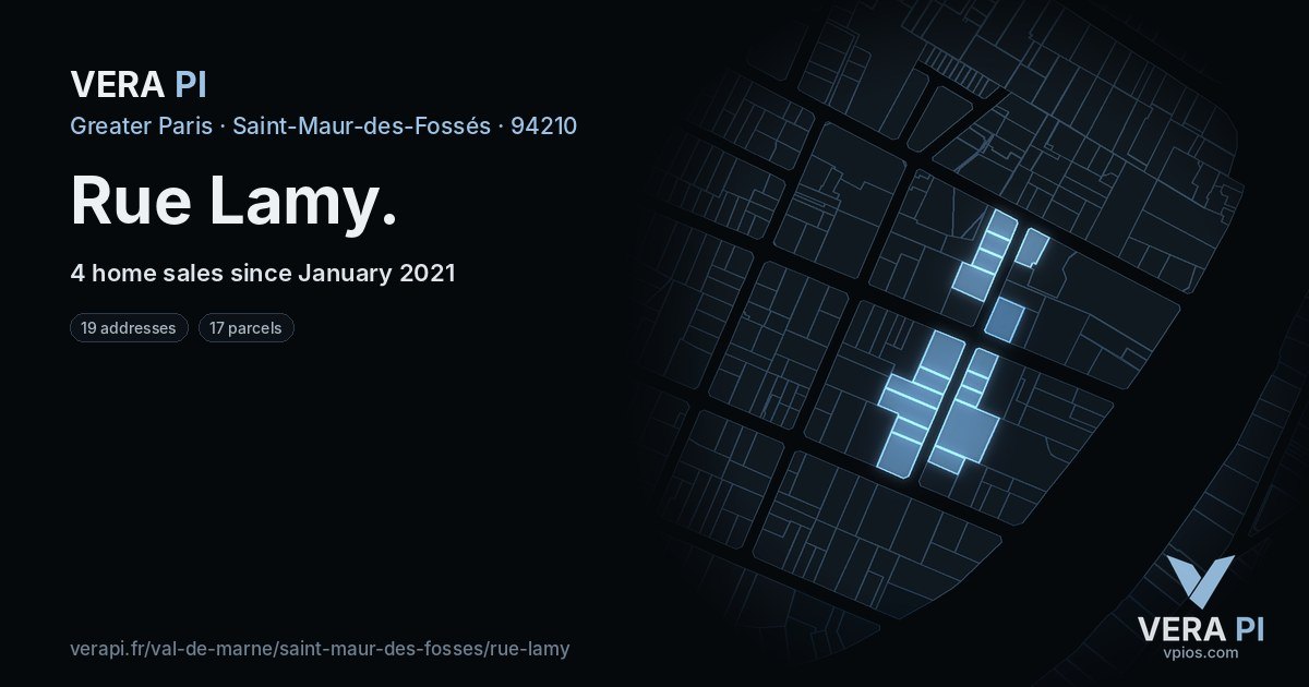 Rue Lamy, Saint-Maur-des-Fossés at night – every parcel coloured by the prices around it, the street's own parcels lit
