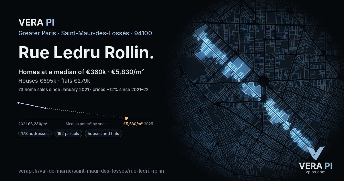 Rue Ledru Rollin, Saint-Maur-des-Fossés at night – every parcel coloured by the prices around it, the street's own parcels lit