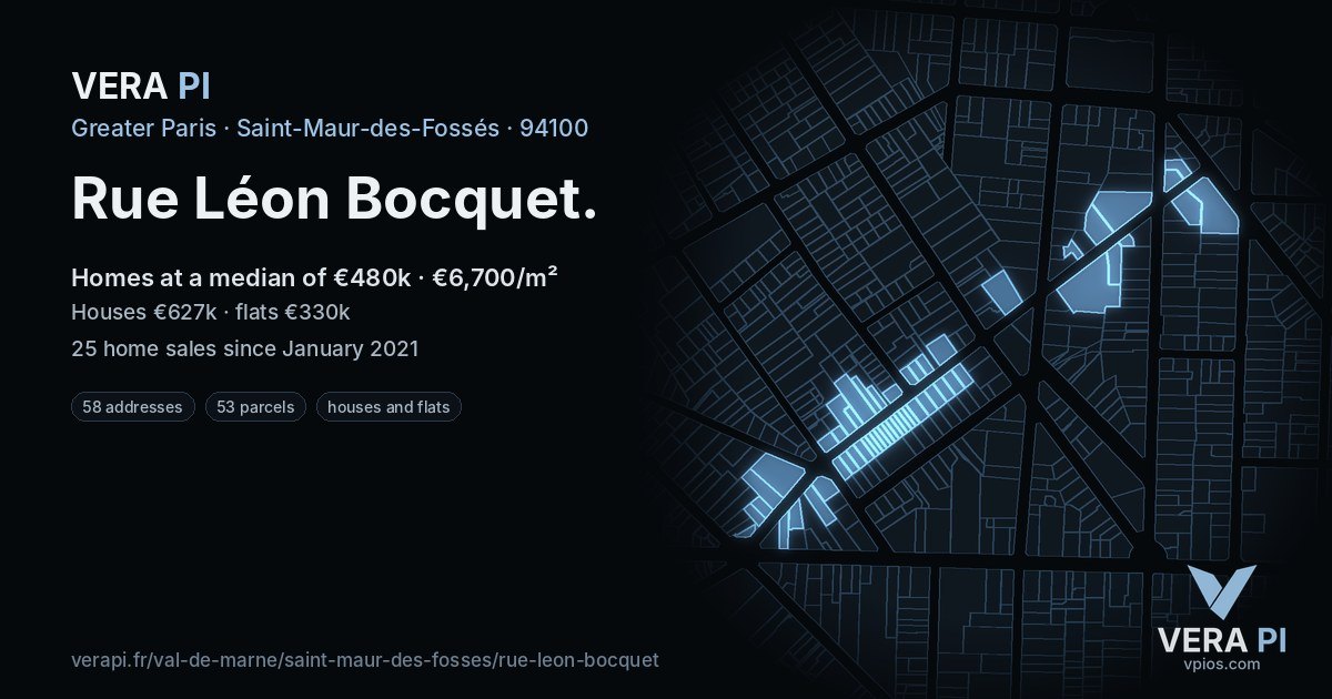 Rue Léon Bocquet, Saint-Maur-des-Fossés at night – every parcel coloured by the prices around it, the street's own parcels lit