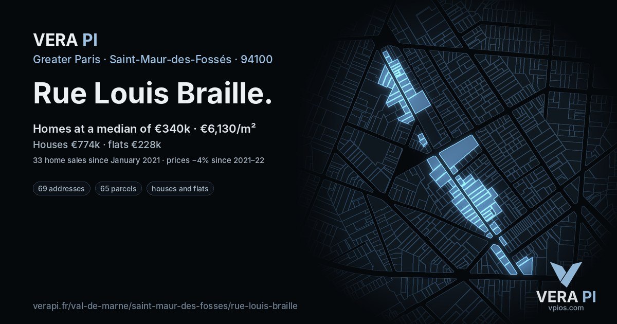 Rue Louis Braille, Saint-Maur-des-Fossés at night – every parcel coloured by the prices around it, the street's own parcels lit