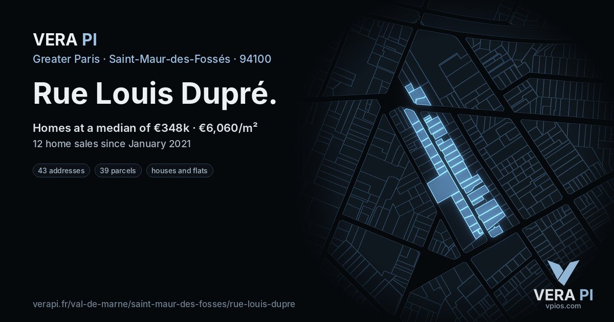 Rue Louis Dupré, Saint-Maur-des-Fossés at night – every parcel coloured by the prices around it, the street's own parcels lit