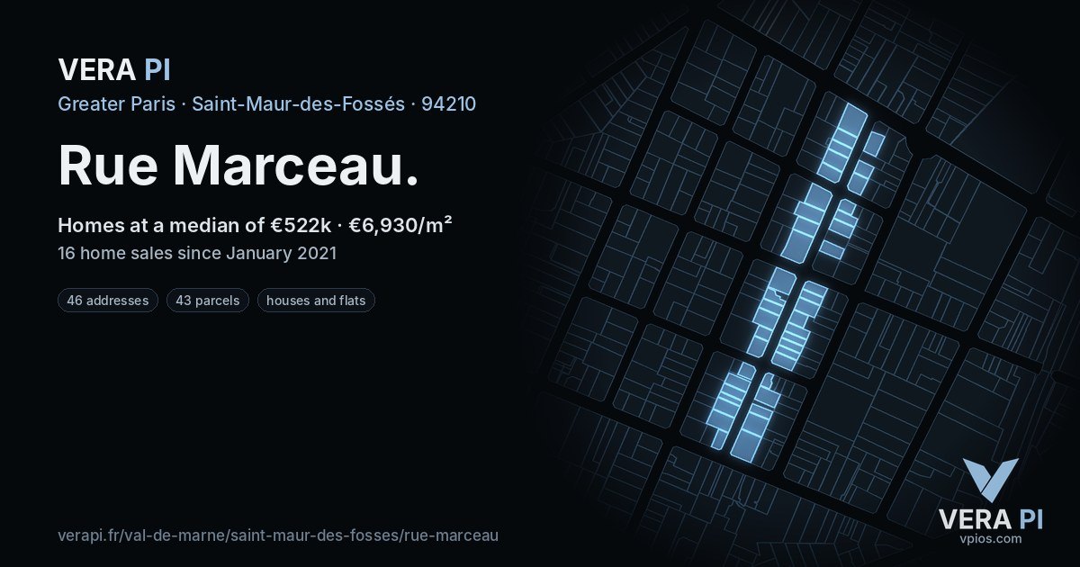 Rue Marceau, Saint-Maur-des-Fossés at night – every parcel coloured by the prices around it, the street's own parcels lit
