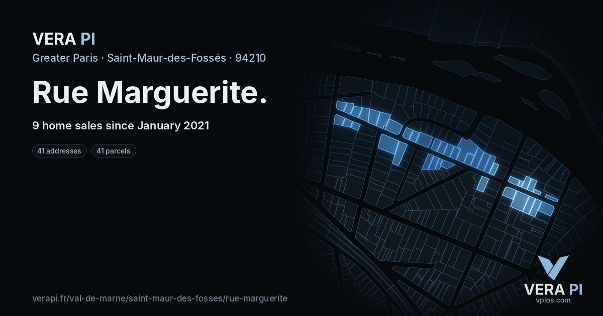 Rue Marguerite, Saint-Maur-des-Fossés at night – every parcel coloured by the prices around it, the street's own parcels lit