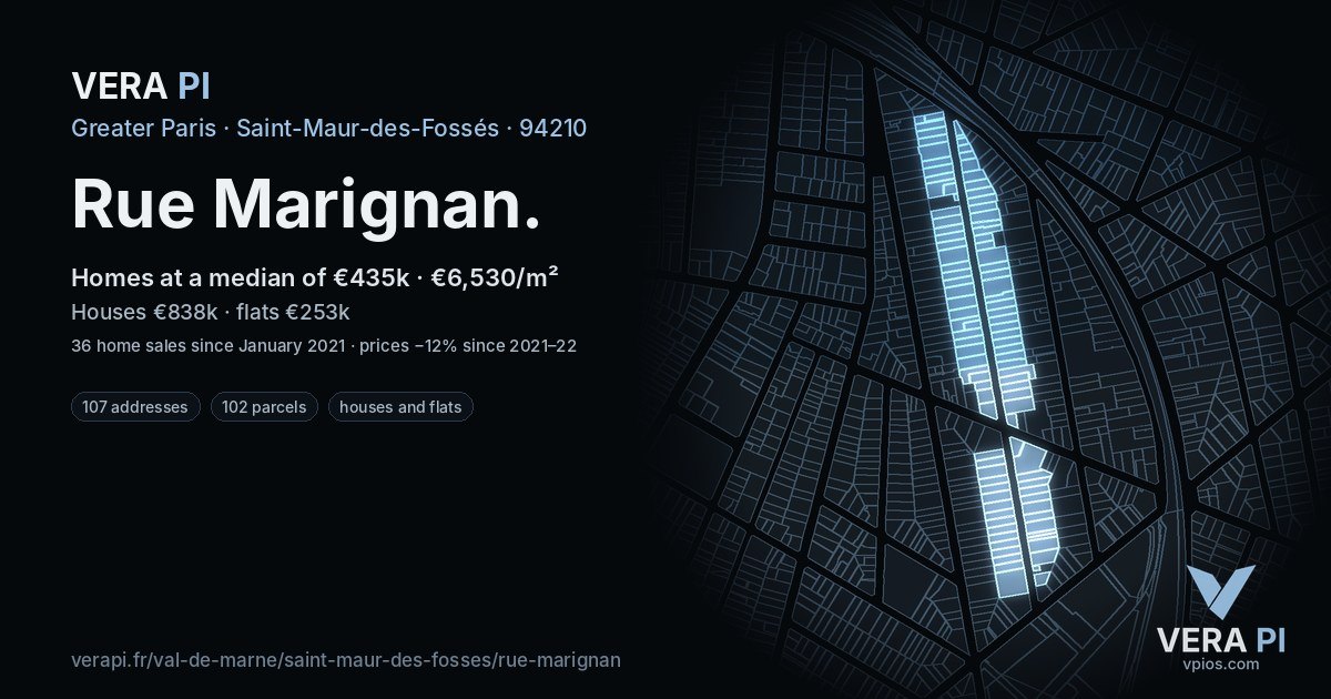 Rue Marignan, Saint-Maur-des-Fossés at night – every parcel coloured by the prices around it, the street's own parcels lit