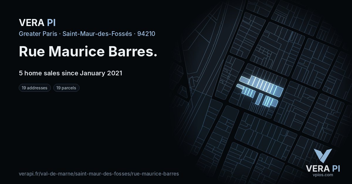 Rue Maurice Barres, Saint-Maur-des-Fossés at night – every parcel coloured by the prices around it, the street's own parcels lit