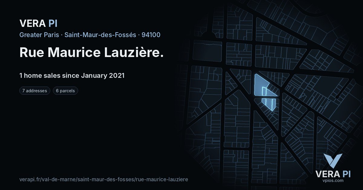 Rue Maurice Lauzière, Saint-Maur-des-Fossés at night – every parcel coloured by the prices around it, the street's own parcels lit