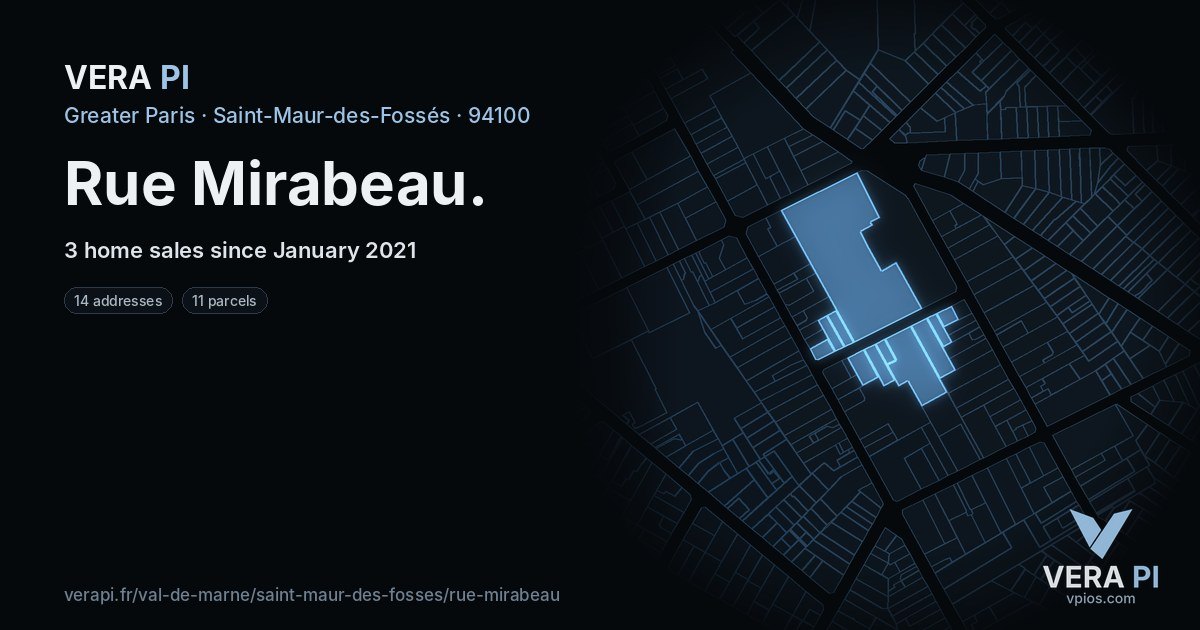Rue Mirabeau, Saint-Maur-des-Fossés at night – every parcel coloured by the prices around it, the street's own parcels lit