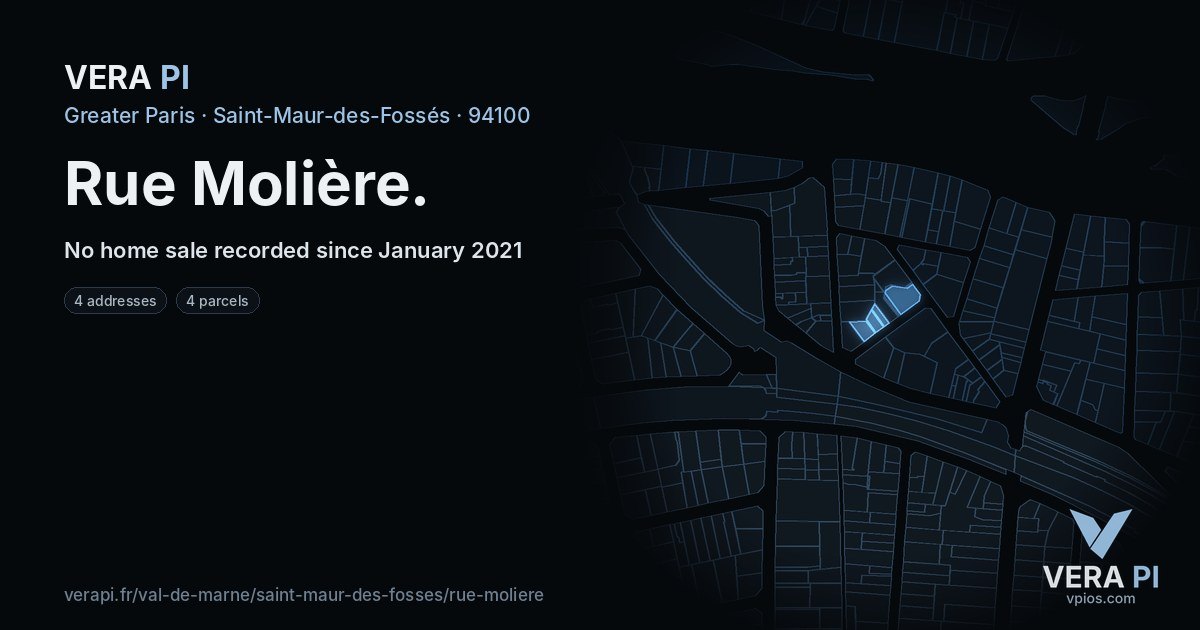 Rue Molière, Saint-Maur-des-Fossés at night – every parcel coloured by the prices around it, the street's own parcels lit