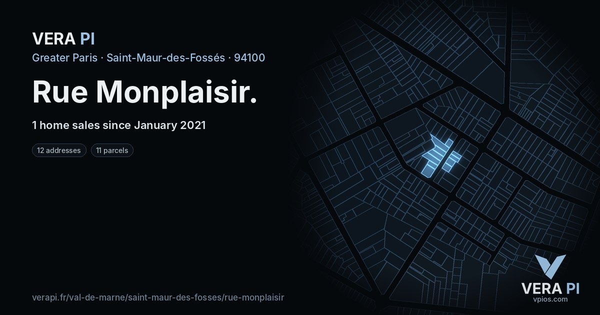 Rue Monplaisir, Saint-Maur-des-Fossés at night – every parcel coloured by the prices around it, the street's own parcels lit