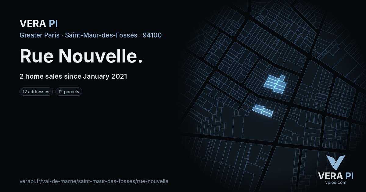 Rue Nouvelle, Saint-Maur-des-Fossés at night – every parcel coloured by the prices around it, the street's own parcels lit