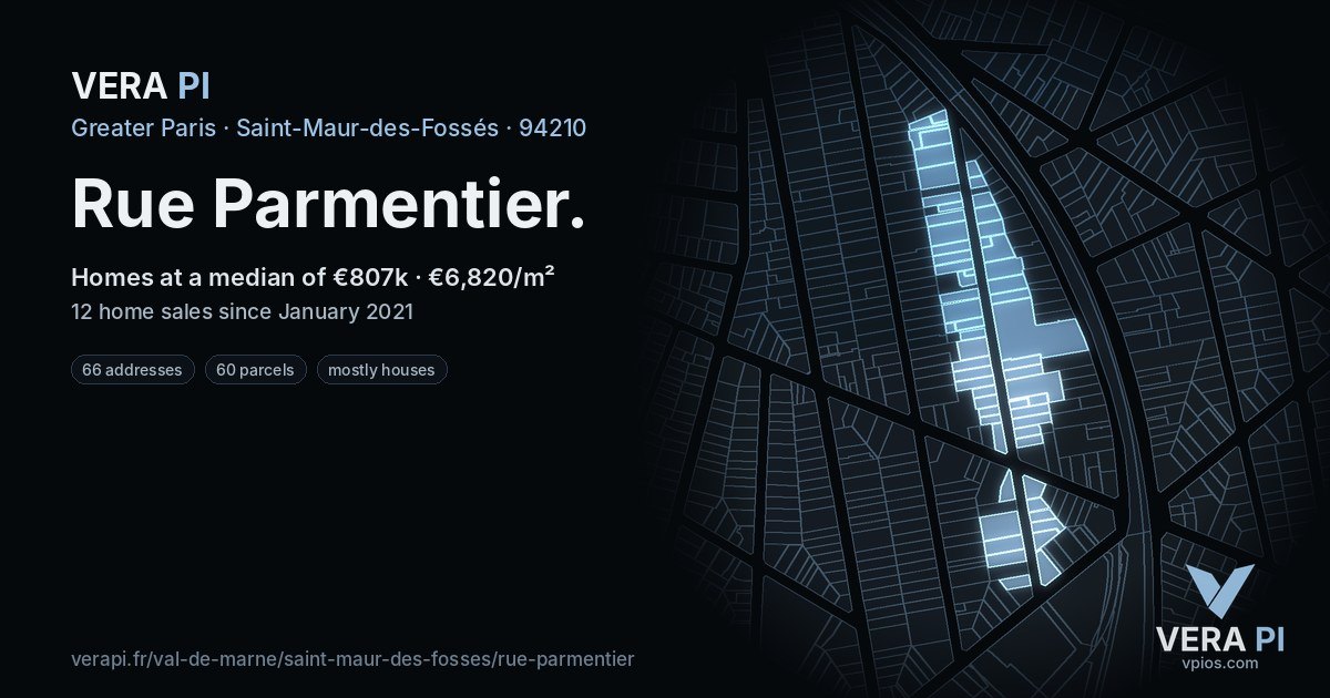 Rue Parmentier, Saint-Maur-des-Fossés at night – every parcel coloured by the prices around it, the street's own parcels lit