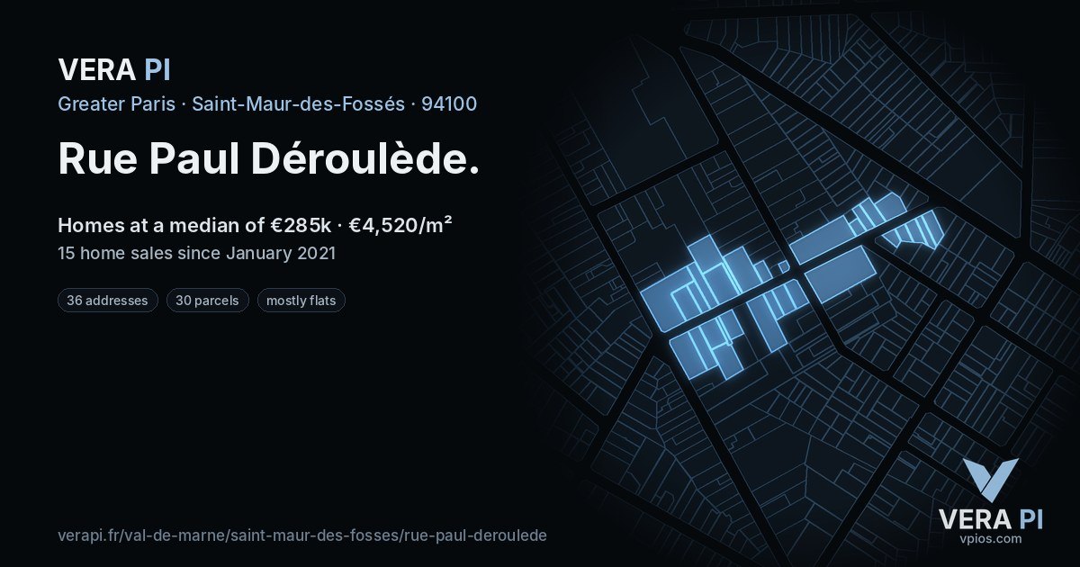 Rue Paul Déroulède, Saint-Maur-des-Fossés at night – every parcel coloured by the prices around it, the street's own parcels lit