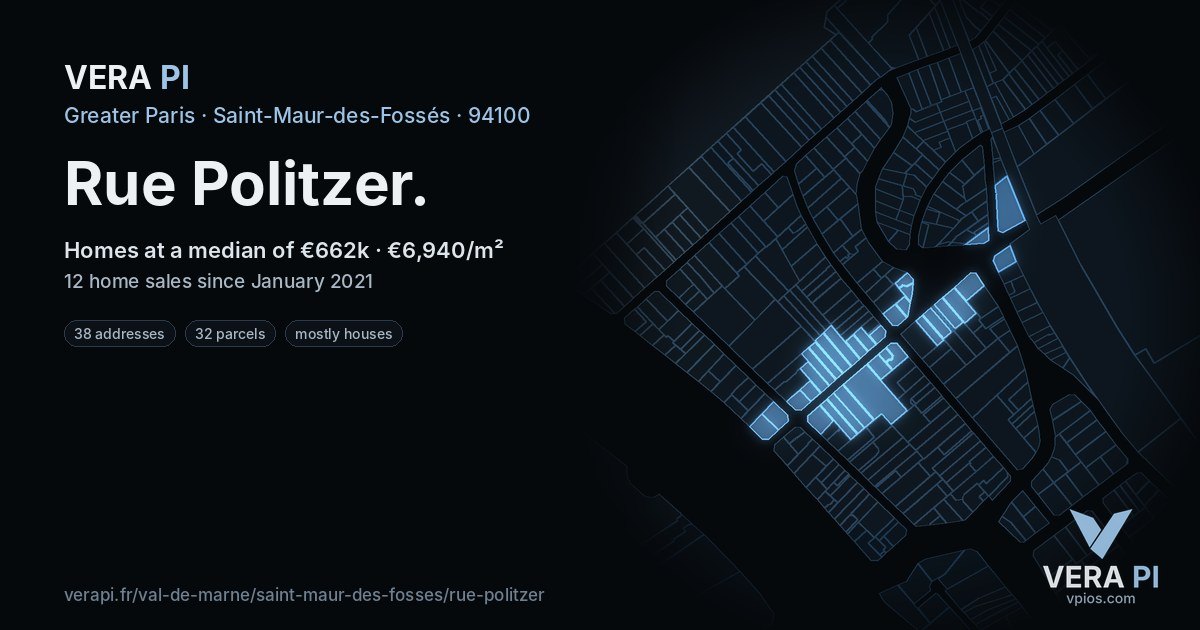 Rue Politzer, Saint-Maur-des-Fossés at night – every parcel coloured by the prices around it, the street's own parcels lit