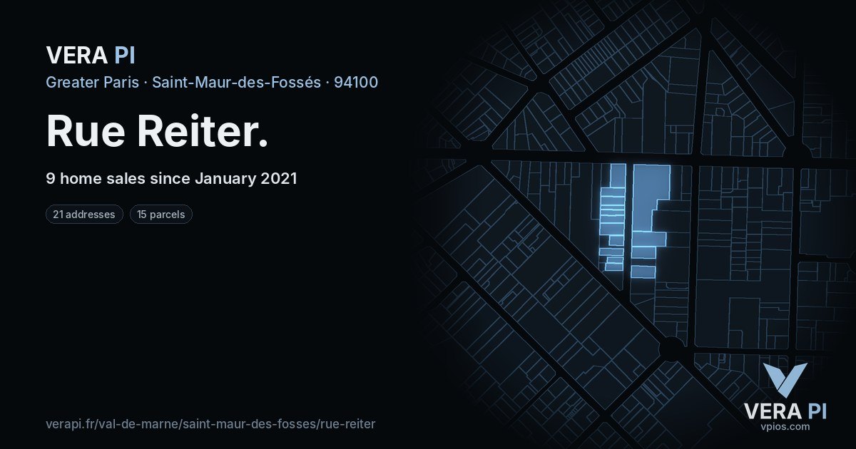 Rue Reiter, Saint-Maur-des-Fossés at night – every parcel coloured by the prices around it, the street's own parcels lit