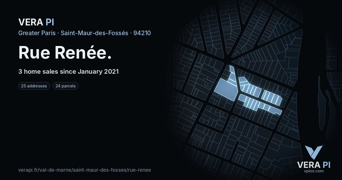 Rue Renée, Saint-Maur-des-Fossés at night – every parcel coloured by the prices around it, the street's own parcels lit