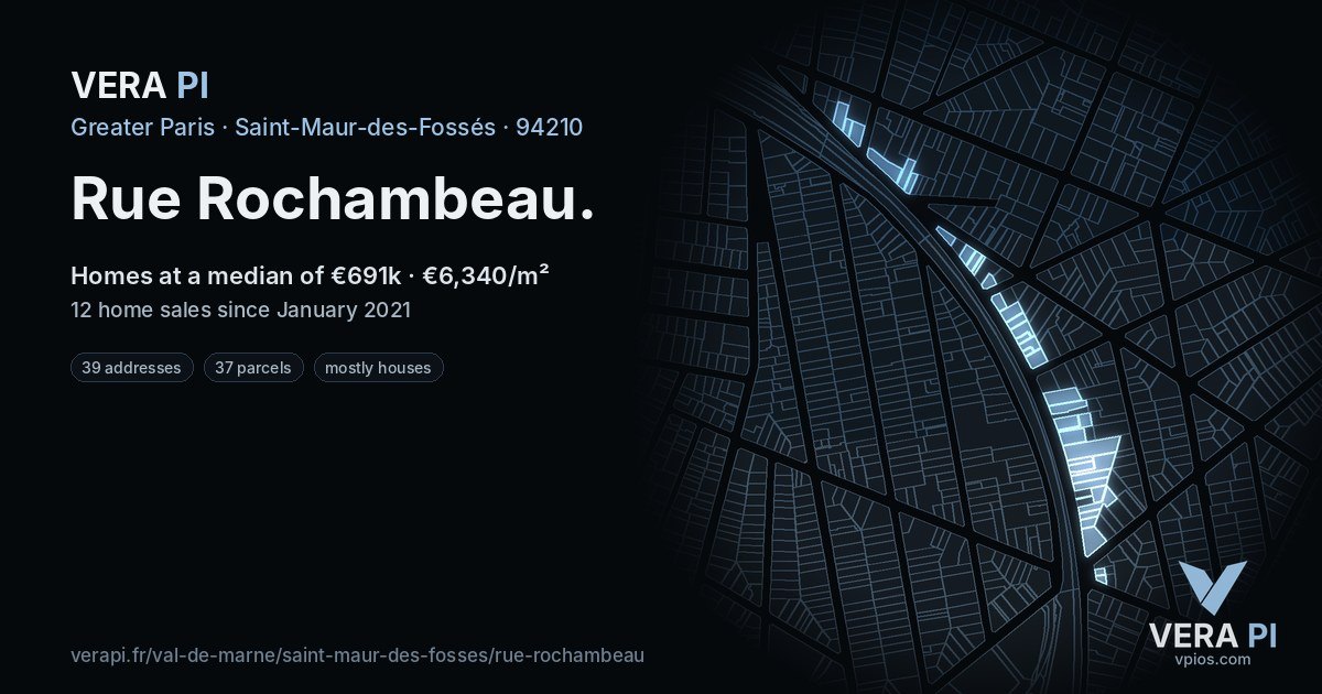 Rue Rochambeau, Saint-Maur-des-Fossés at night – every parcel coloured by the prices around it, the street's own parcels lit