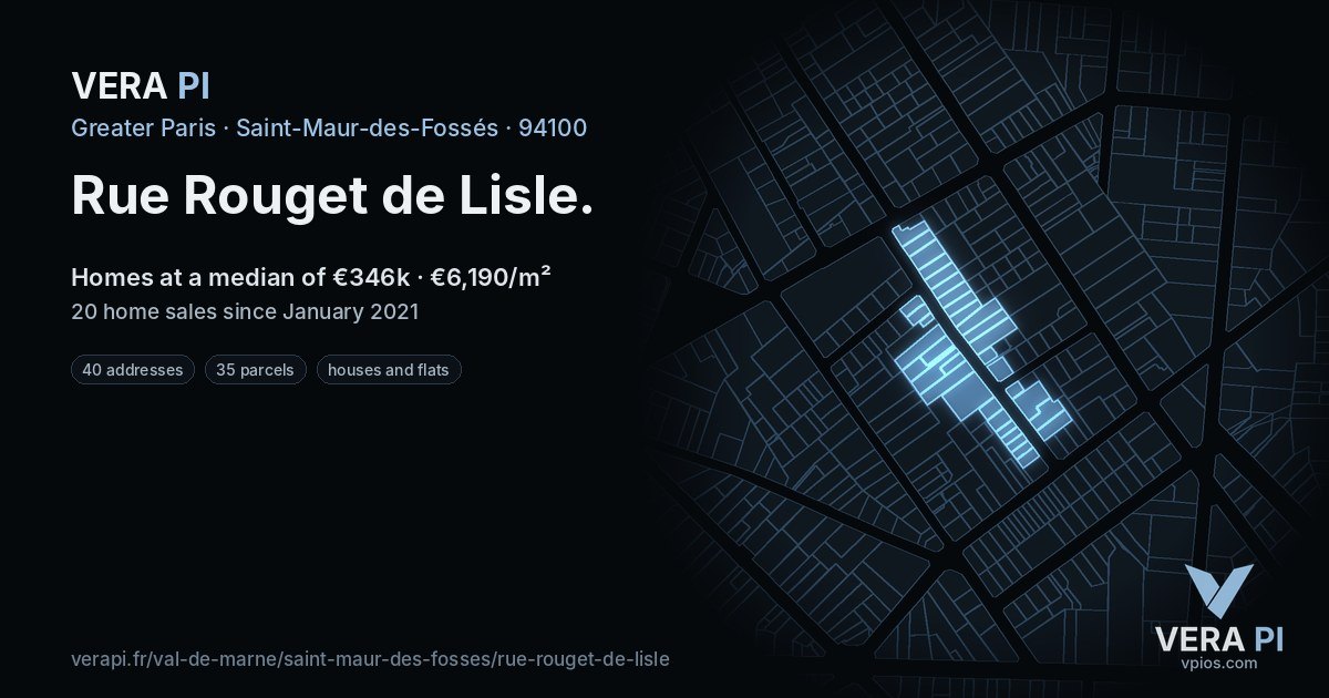 Rue Rouget de Lisle, Saint-Maur-des-Fossés at night – every parcel coloured by the prices around it, the street's own parcels lit