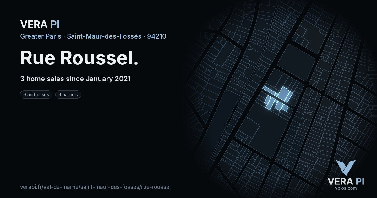 Rue Roussel, Saint-Maur-des-Fossés at night – every parcel coloured by the prices around it, the street's own parcels lit