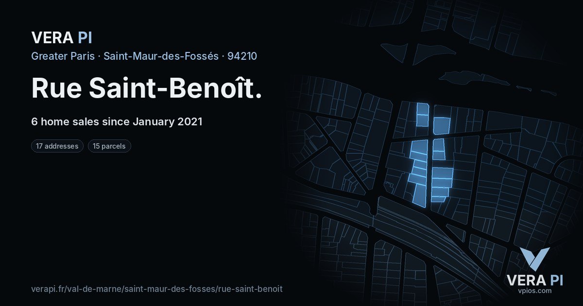 Rue Saint-Benoît, Saint-Maur-des-Fossés at night – every parcel coloured by the prices around it, the street's own parcels lit