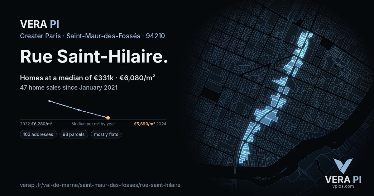 Rue Saint-Hilaire, Saint-Maur-des-Fossés at night – every parcel coloured by the prices around it, the street's own parcels lit
