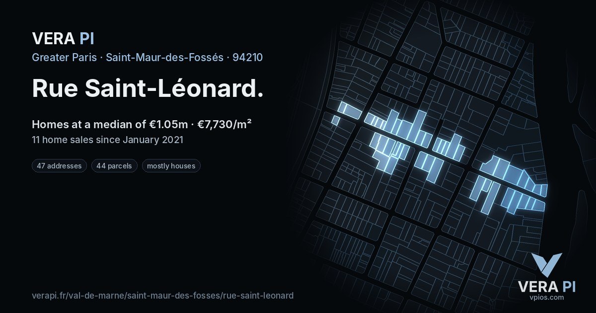 Rue Saint-Léonard, Saint-Maur-des-Fossés at night – every parcel coloured by the prices around it, the street's own parcels lit
