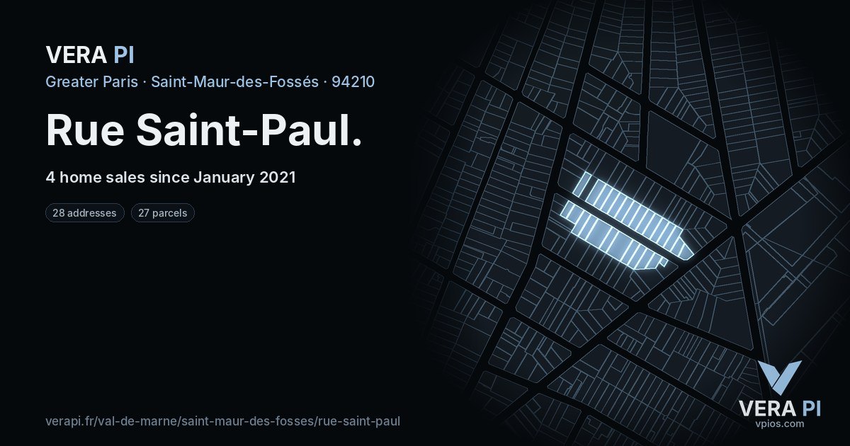 Rue Saint-Paul, Saint-Maur-des-Fossés at night – every parcel coloured by the prices around it, the street's own parcels lit