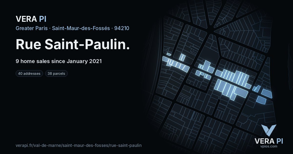 Rue Saint-Paulin, Saint-Maur-des-Fossés at night – every parcel coloured by the prices around it, the street's own parcels lit