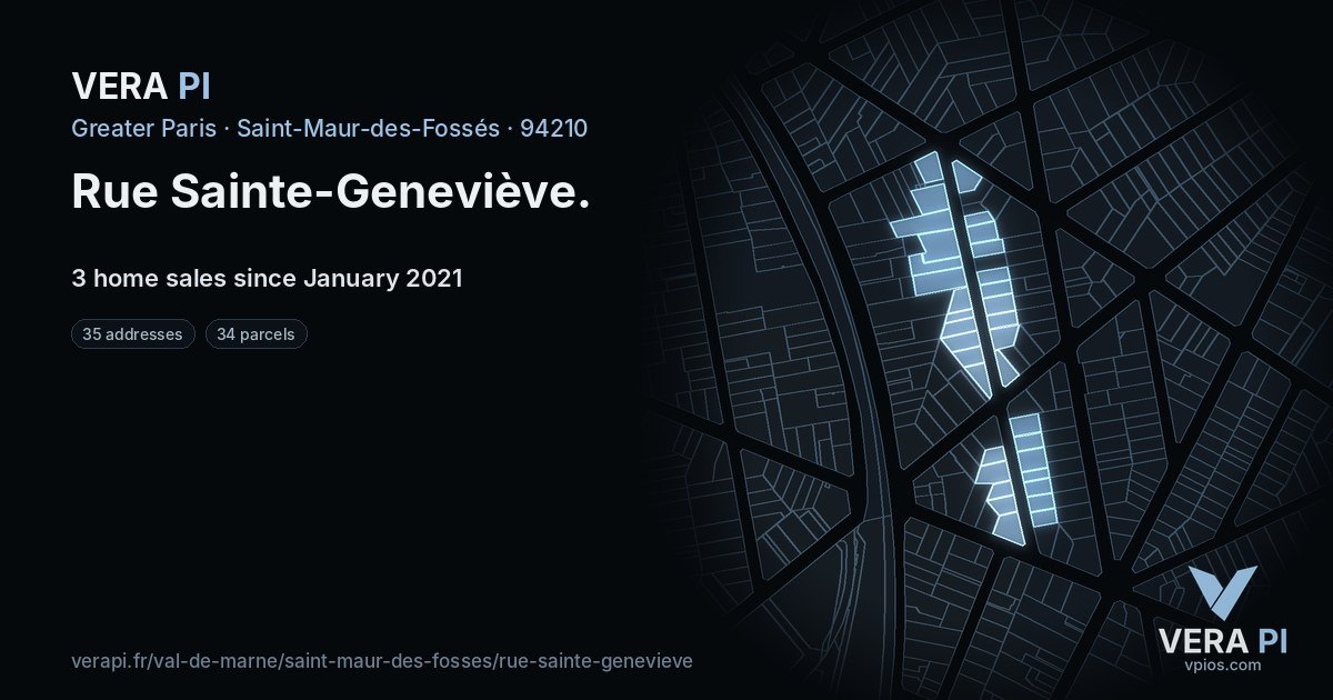 Rue Sainte-Geneviève, Saint-Maur-des-Fossés at night – every parcel coloured by the prices around it, the street's own parcels lit