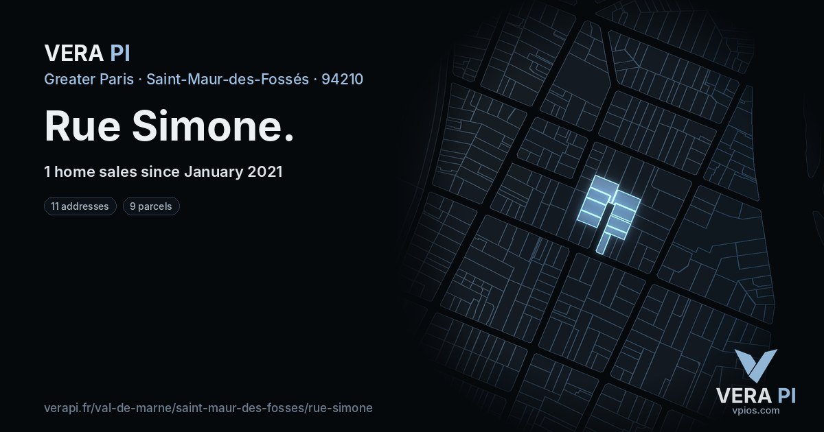 Rue Simone, Saint-Maur-des-Fossés at night – every parcel coloured by the prices around it, the street's own parcels lit