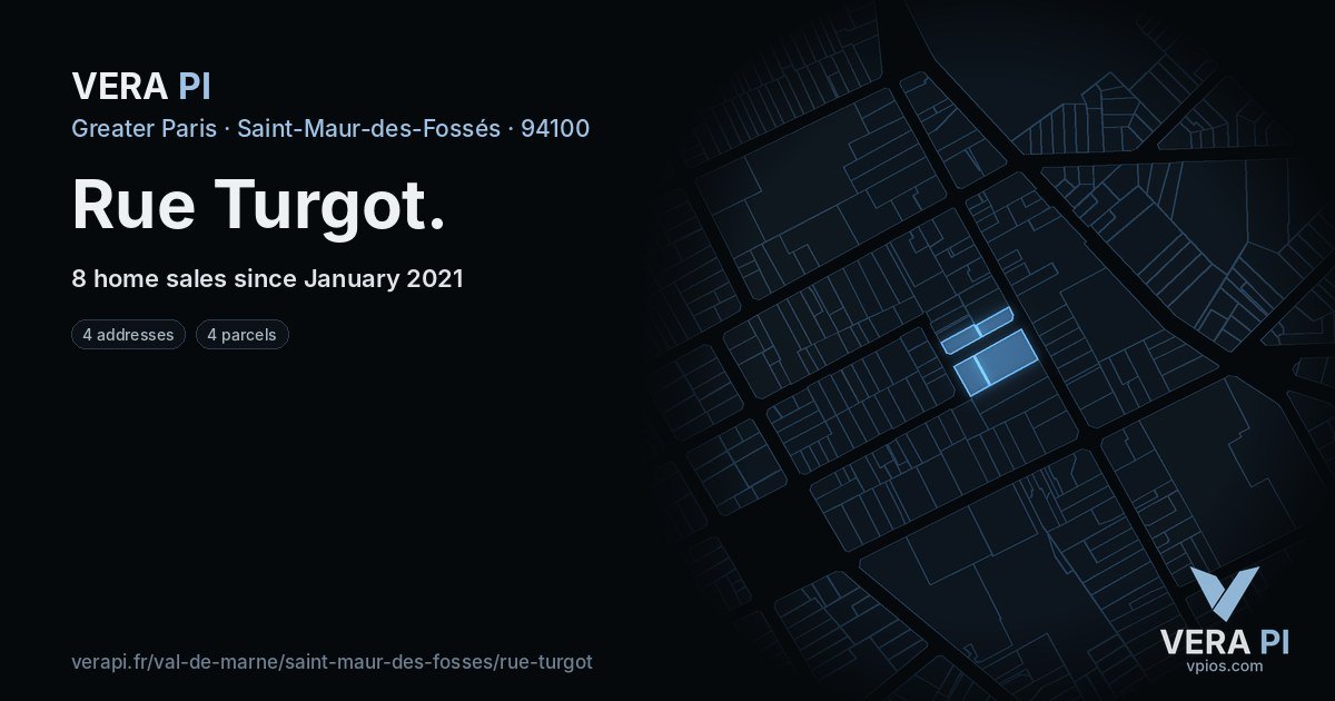 Rue Turgot, Saint-Maur-des-Fossés at night – every parcel coloured by the prices around it, the street's own parcels lit