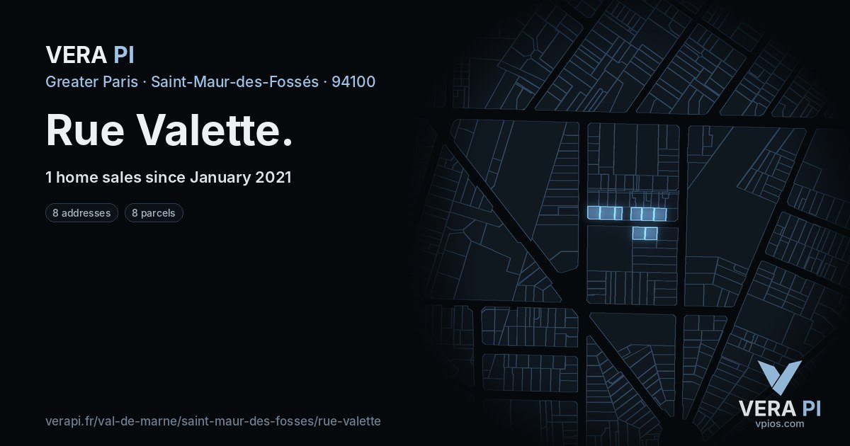 Rue Valette, Saint-Maur-des-Fossés at night – every parcel coloured by the prices around it, the street's own parcels lit