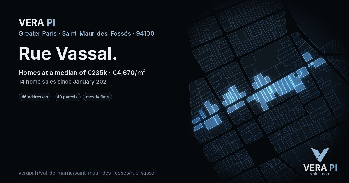 Rue Vassal, Saint-Maur-des-Fossés at night – every parcel coloured by the prices around it, the street's own parcels lit