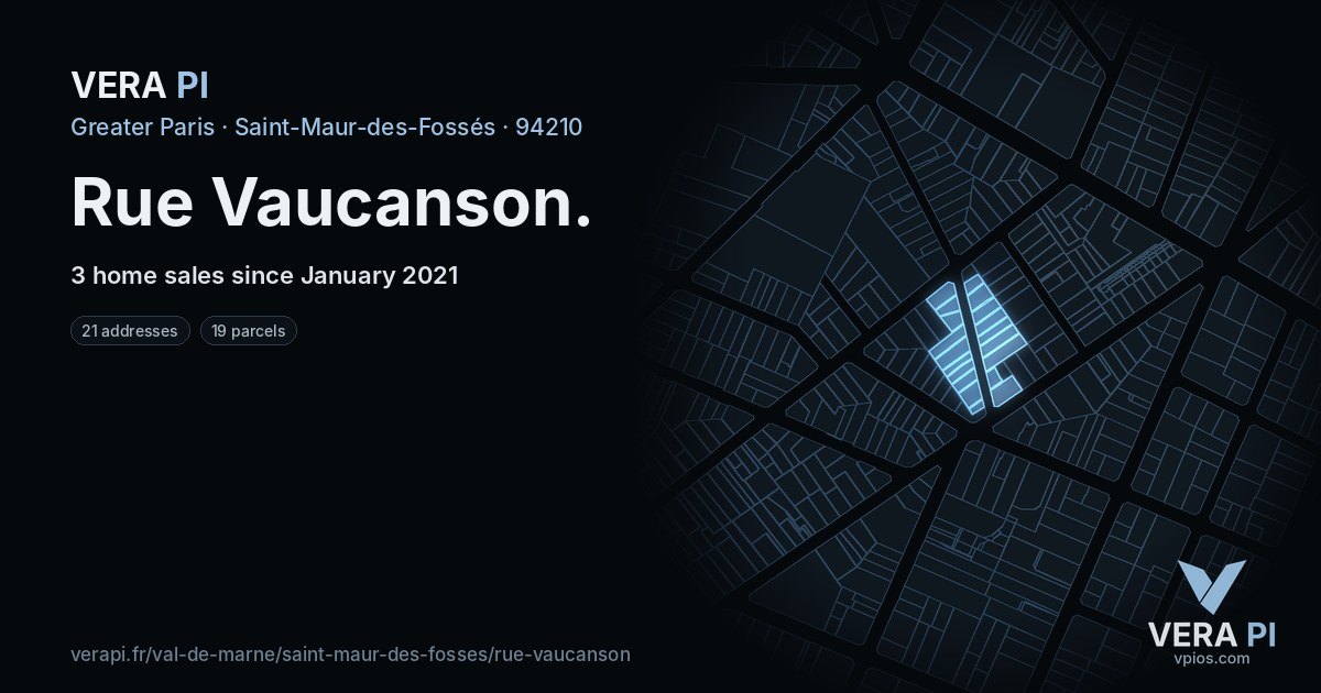 Rue Vaucanson, Saint-Maur-des-Fossés at night – every parcel coloured by the prices around it, the street's own parcels lit