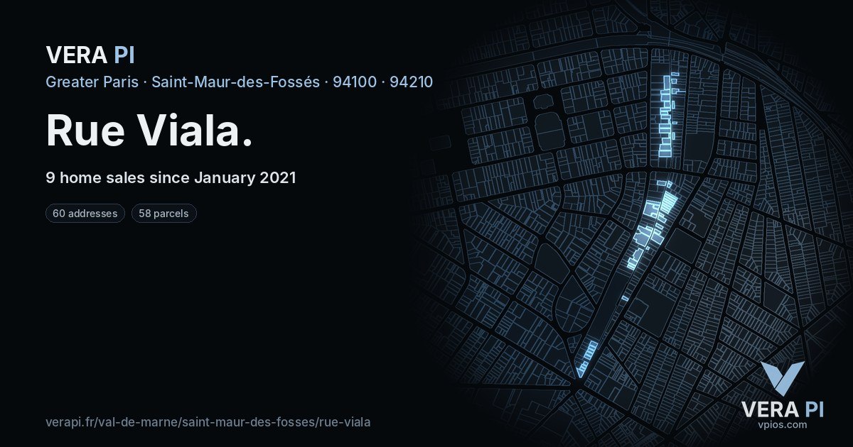 Rue Viala, Saint-Maur-des-Fossés at night – every parcel coloured by the prices around it, the street's own parcels lit