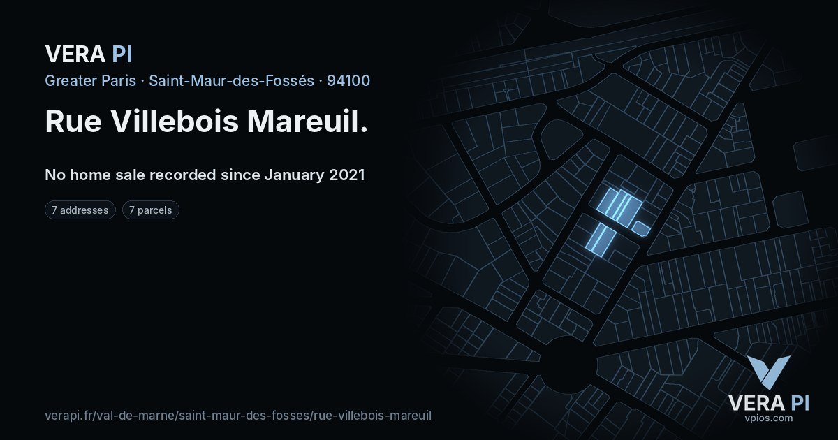 Rue Villebois Mareuil, Saint-Maur-des-Fossés at night – every parcel coloured by the prices around it, the street's own parcels lit