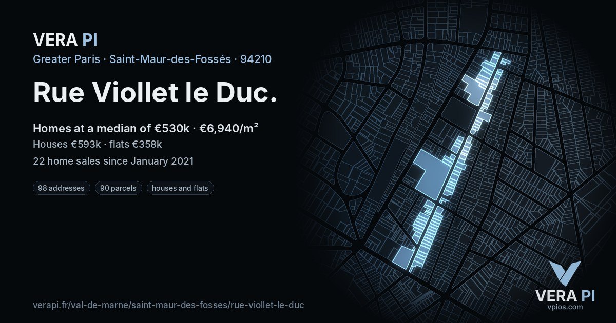 Rue Viollet le Duc, Saint-Maur-des-Fossés at night – every parcel coloured by the prices around it, the street's own parcels lit