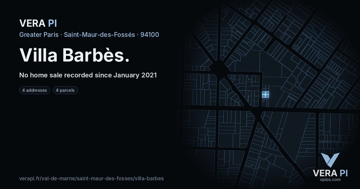 Villa Barbès, Saint-Maur-des-Fossés at night – every parcel coloured by the prices around it, the street's own parcels lit