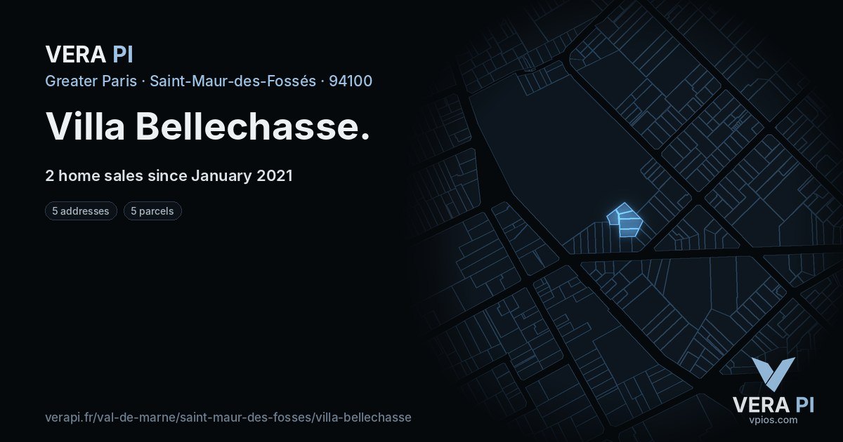 Villa Bellechasse, Saint-Maur-des-Fossés at night – every parcel coloured by the prices around it, the street's own parcels lit