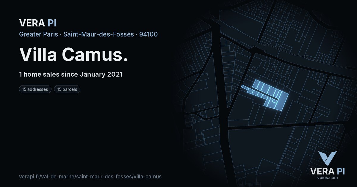 Villa Camus, Saint-Maur-des-Fossés at night – every parcel coloured by the prices around it, the street's own parcels lit