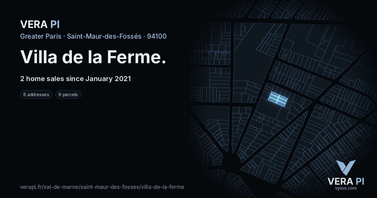 Villa de la Ferme, Saint-Maur-des-Fossés at night – every parcel coloured by the prices around it, the street's own parcels lit