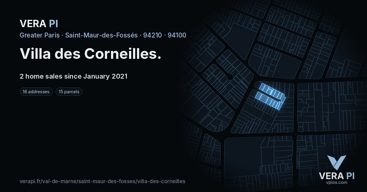 Villa des Corneilles, Saint-Maur-des-Fossés at night – every parcel coloured by the prices around it, the street's own parcels lit