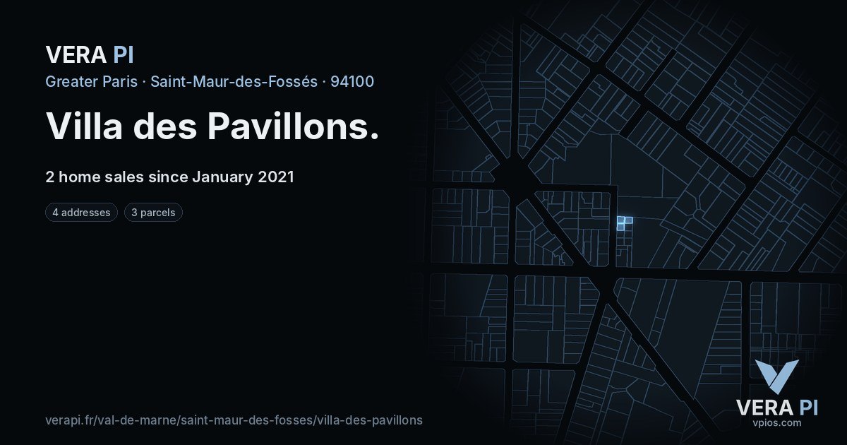 Villa des Pavillons, Saint-Maur-des-Fossés at night – every parcel coloured by the prices around it, the street's own parcels lit