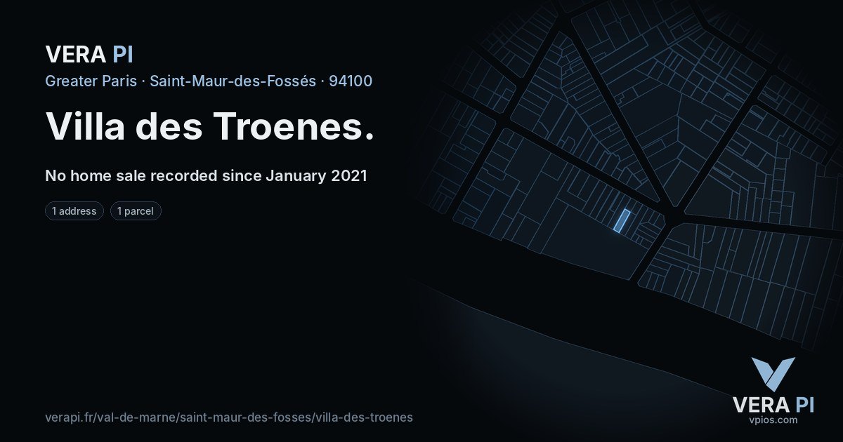 Villa des Troenes, Saint-Maur-des-Fossés at night – every parcel coloured by the prices around it, the street's own parcels lit