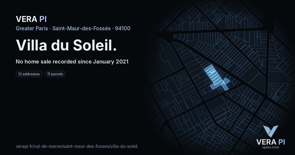 Villa du Soleil, Saint-Maur-des-Fossés at night – every parcel coloured by the prices around it, the street's own parcels lit