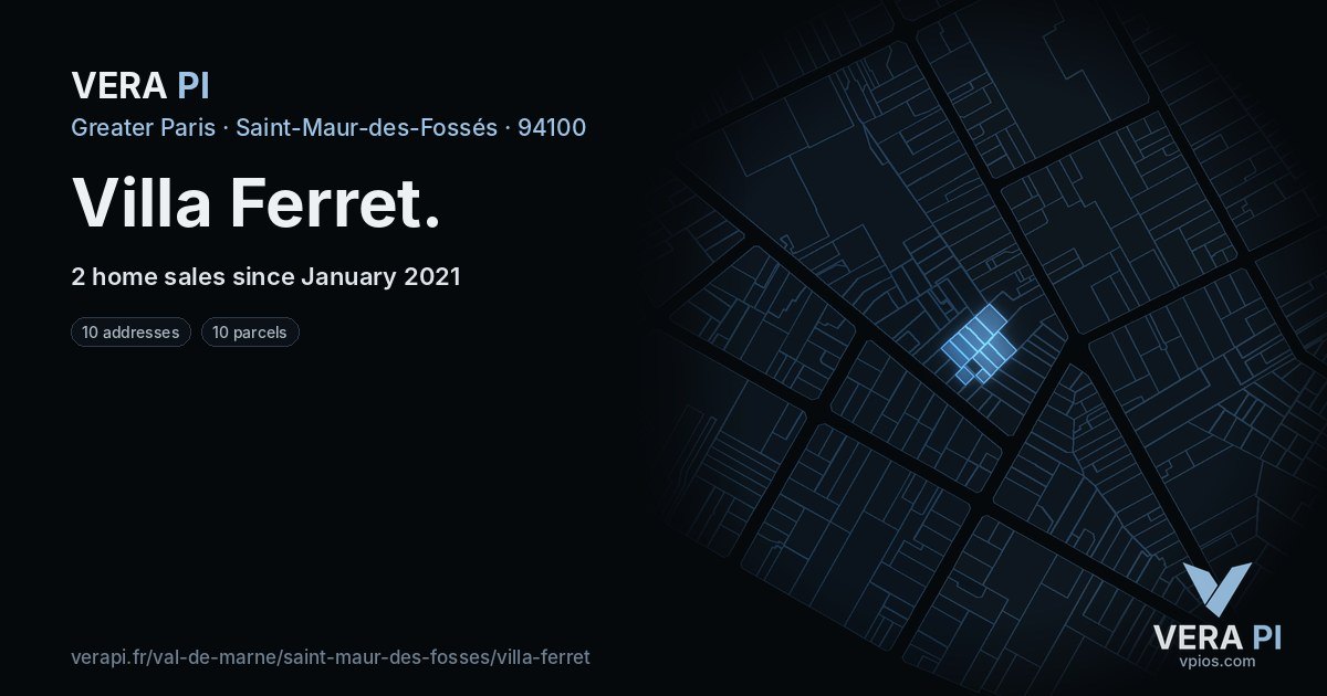 Villa Ferret, Saint-Maur-des-Fossés at night – every parcel coloured by the prices around it, the street's own parcels lit