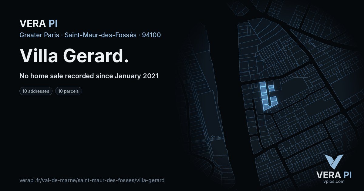 Villa Gerard, Saint-Maur-des-Fossés at night – every parcel coloured by the prices around it, the street's own parcels lit